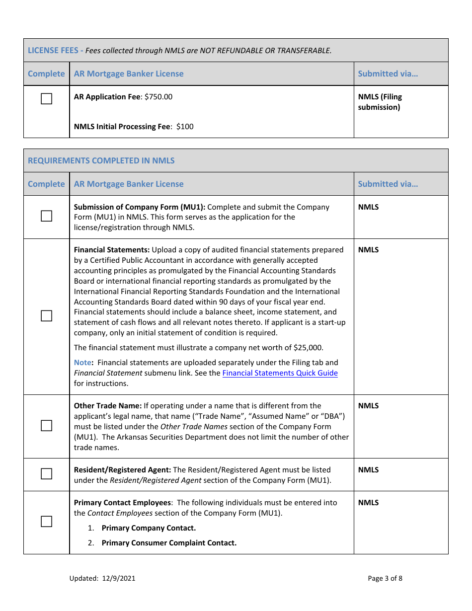 Ar Mortgage Broker License New Application Checklist (Company) - Arkansas, Page 3