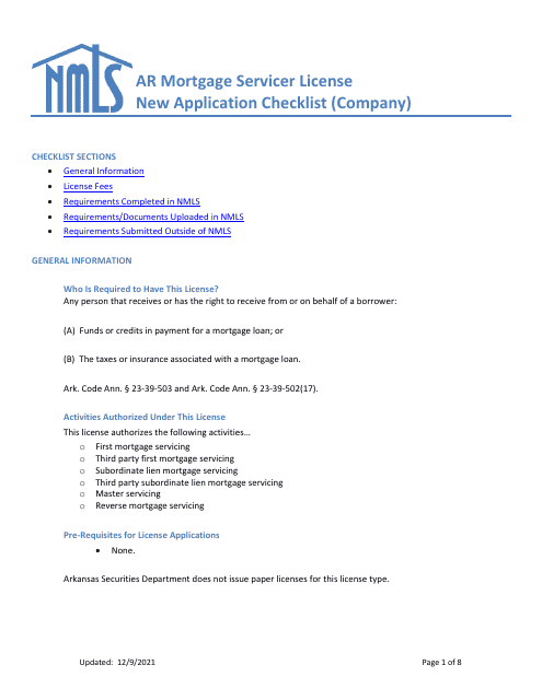 Ar Mortgage Servicer License New Application Checklist (Company) - Arkansas Download Pdf