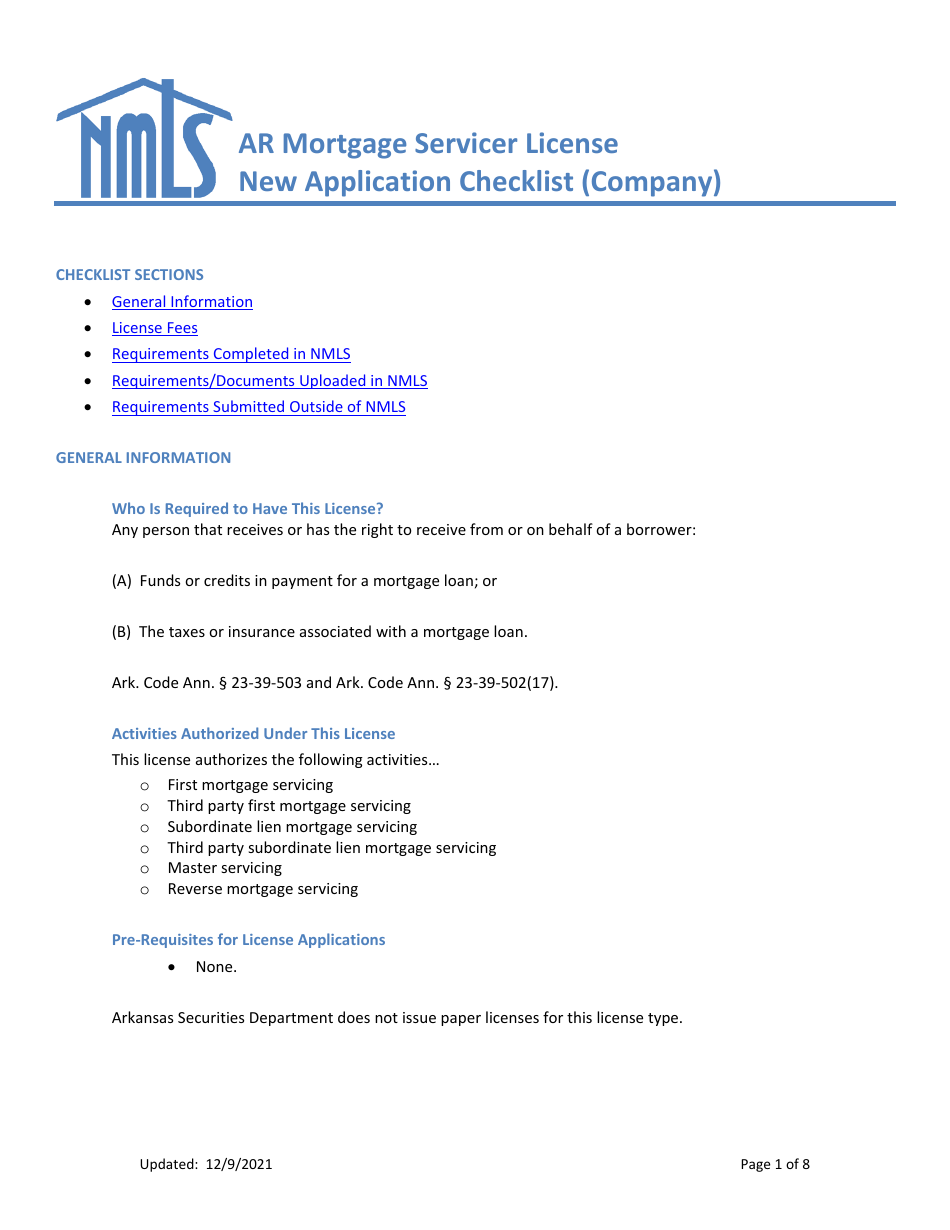 Ar Mortgage Servicer License New Application Checklist (Company) - Arkansas, Page 1
