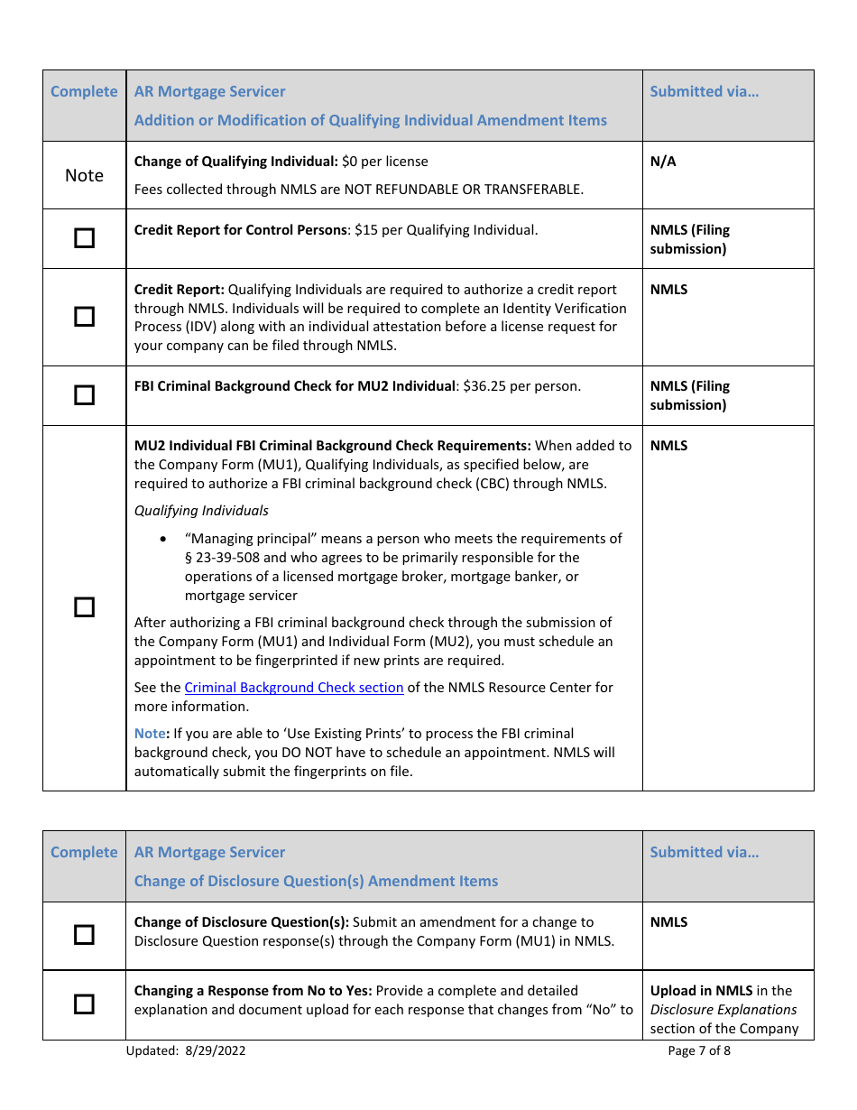 Ar Mortgage Servicer License Amendment Checklist (Company) - Arkansas, Page 7