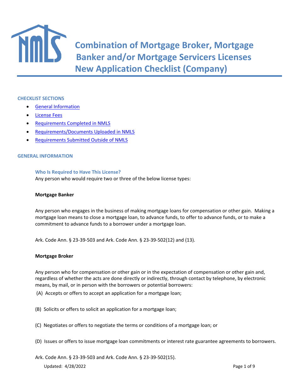 Combination of Mortgage Broker, Mortgage Banker and/or Mortgage Servicers Licenses New Application Checklist (Company) - Arkansas, Page 1