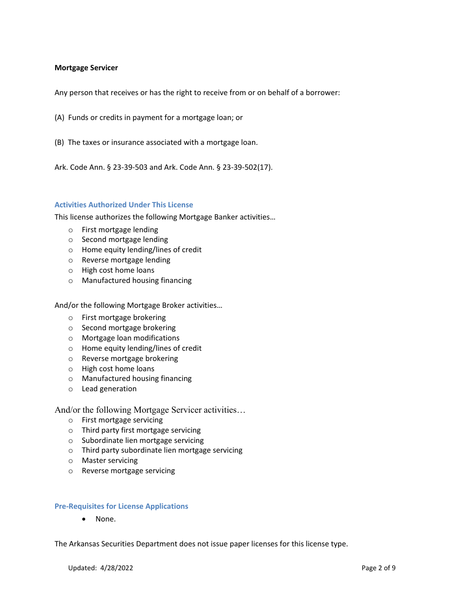 Combination of Mortgage Broker, Mortgage Banker and / or Mortgage Servicers Licenses New Application Checklist (Company) - Arkansas, Page 2
