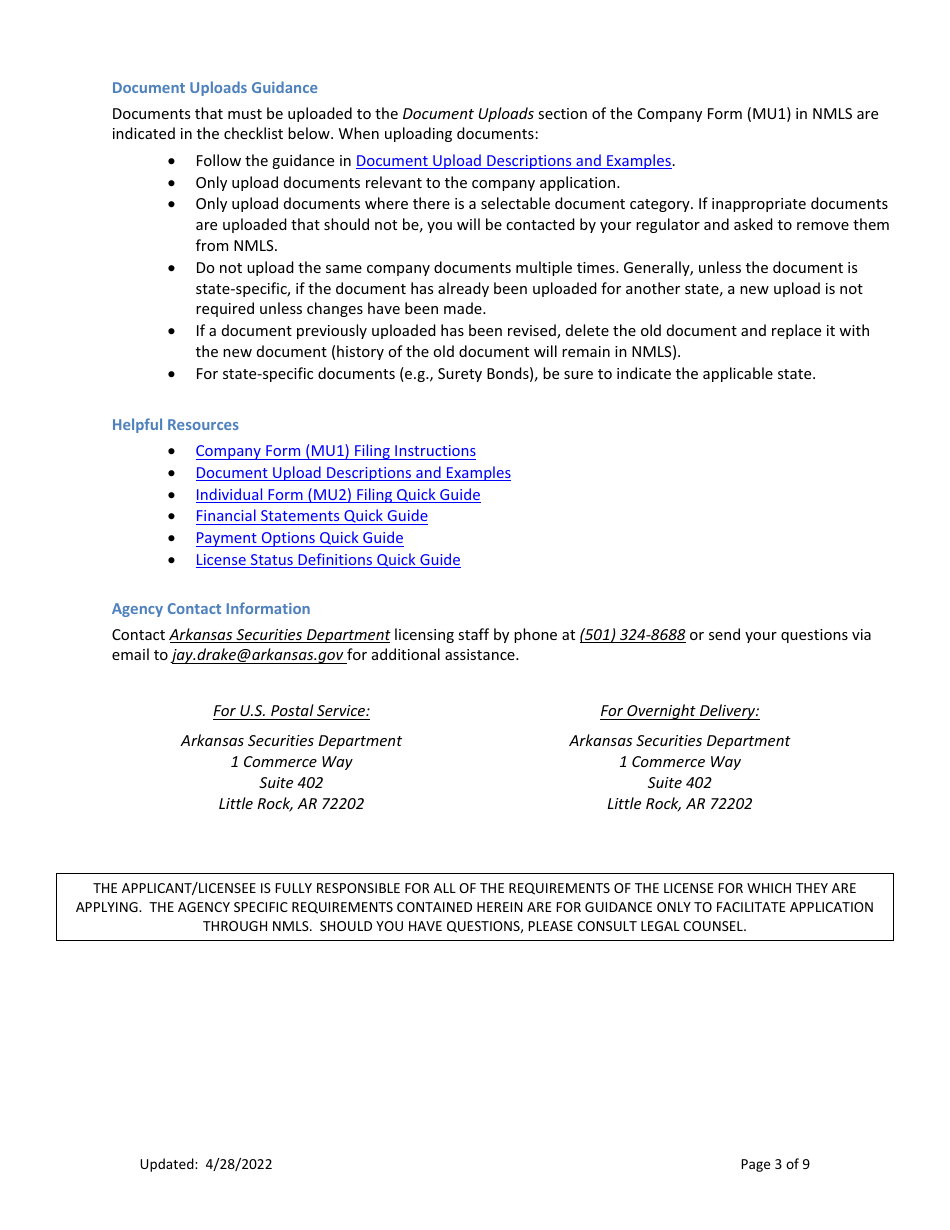 Combination of Mortgage Broker, Mortgage Banker and / or Mortgage Servicers Licenses New Application Checklist (Company) - Arkansas, Page 3