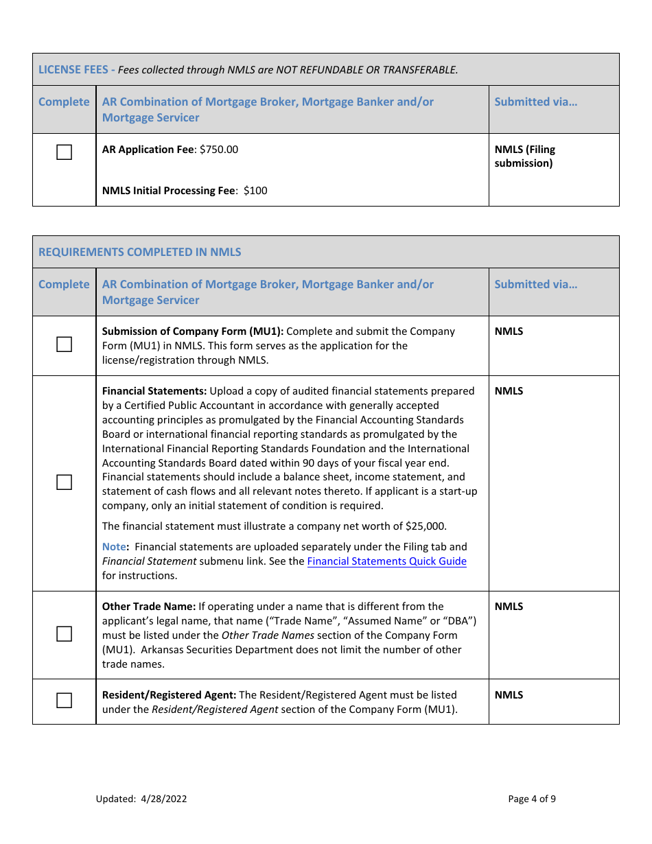 Combination of Mortgage Broker, Mortgage Banker and / or Mortgage Servicers Licenses New Application Checklist (Company) - Arkansas, Page 4