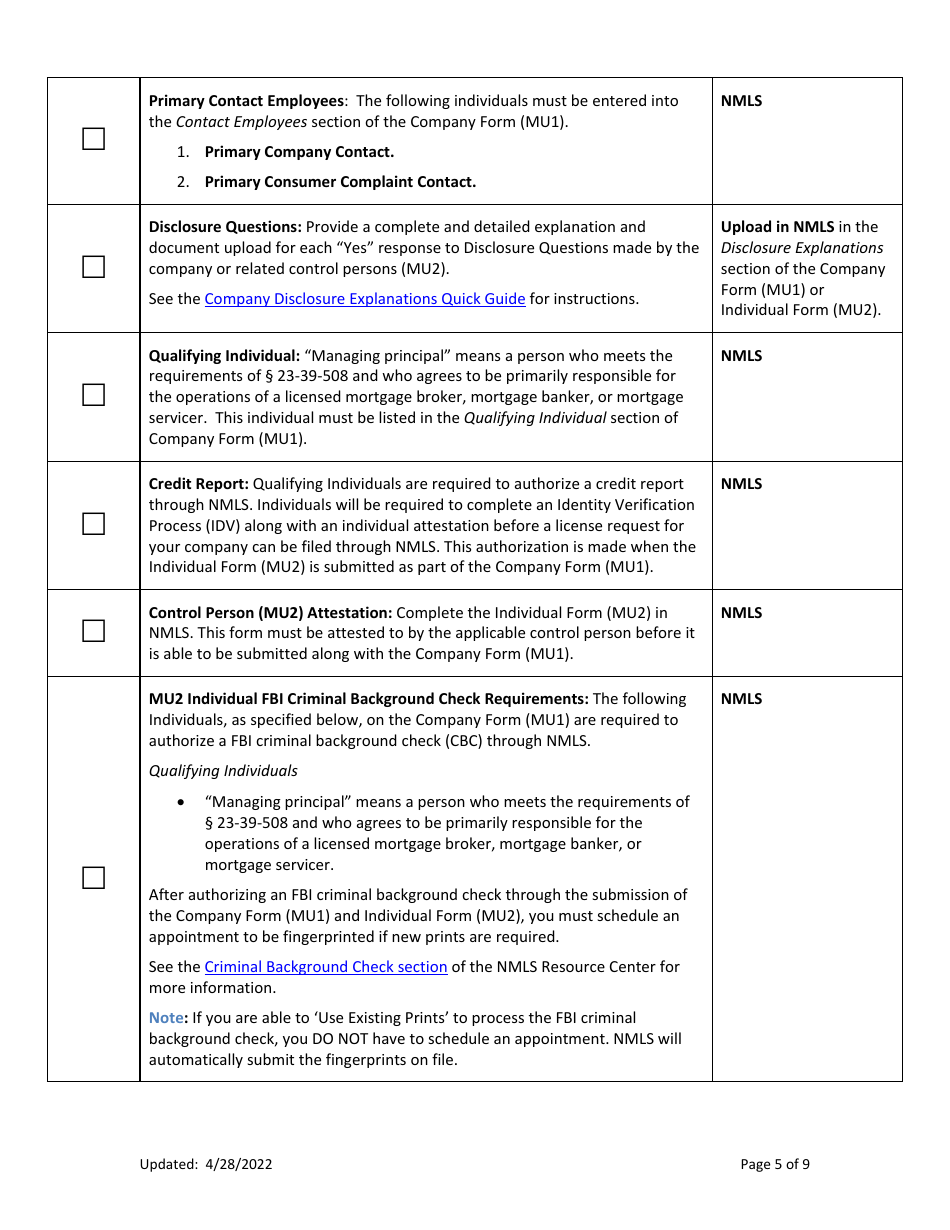 Combination of Mortgage Broker, Mortgage Banker and / or Mortgage Servicers Licenses New Application Checklist (Company) - Arkansas, Page 5