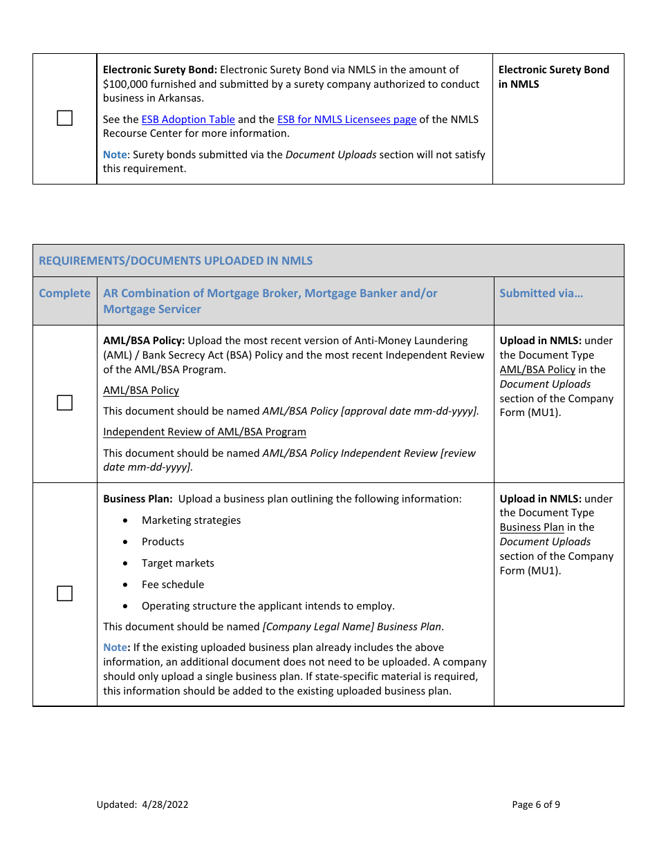 Combination of Mortgage Broker, Mortgage Banker and / or Mortgage Servicers Licenses New Application Checklist (Company) - Arkansas, Page 6