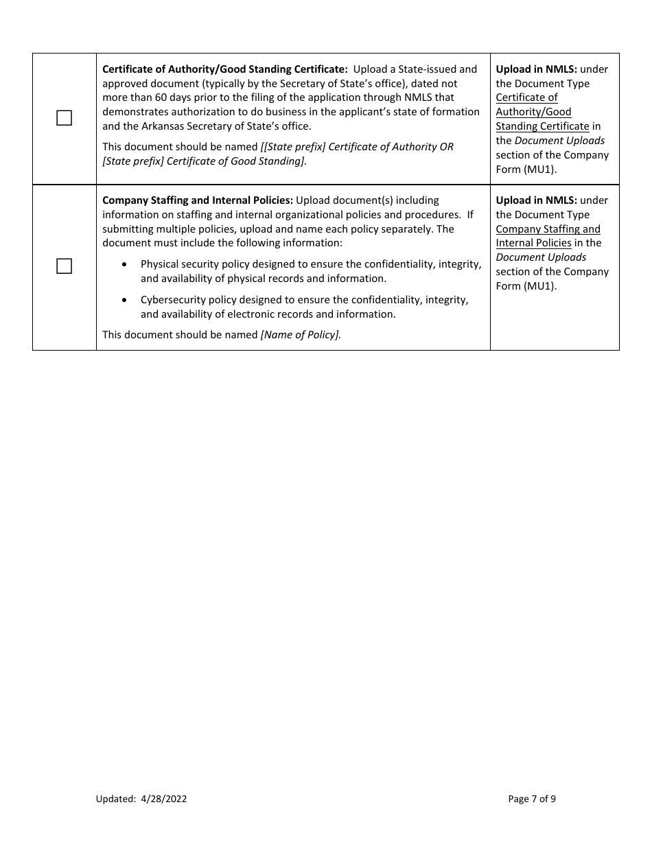 Combination of Mortgage Broker, Mortgage Banker and / or Mortgage Servicers Licenses New Application Checklist (Company) - Arkansas, Page 7