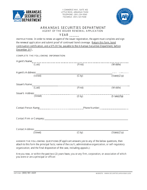 Agent of the Issuer Renewal Application - Arkansas Download Pdf