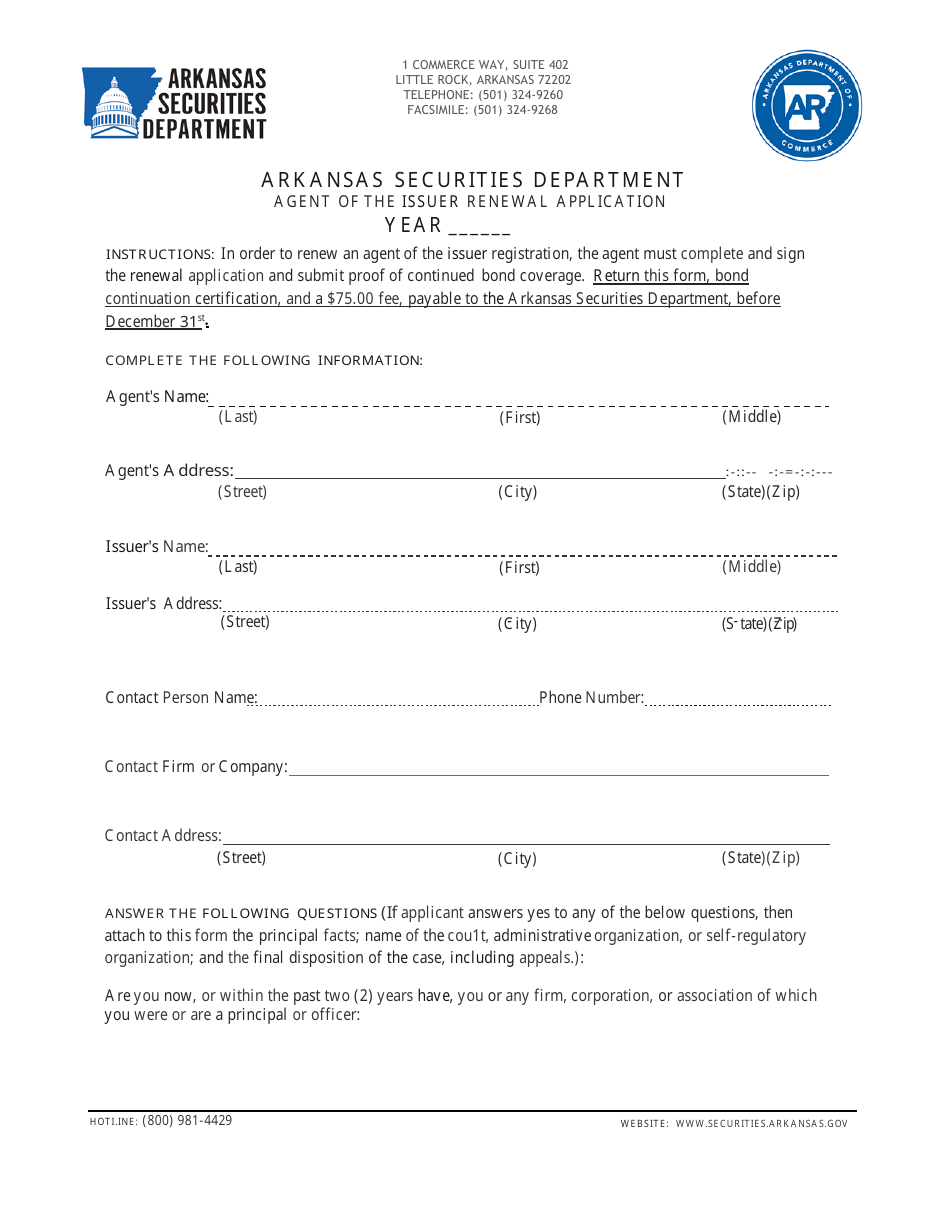 Agent of the Issuer Renewal Application - Arkansas, Page 1