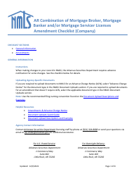 Document preview: Ar Combination of Mortgage Broker, Mortgage Banker and/or Mortgage Servicer Licenses Amendment Checklist (Company) - Arkansas