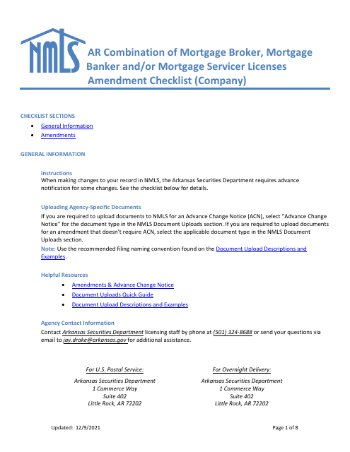 Ar Combination of Mortgage Broker, Mortgage Banker and / or Mortgage Servicer Licenses Amendment Checklist (Company) - Arkansas Download Pdf