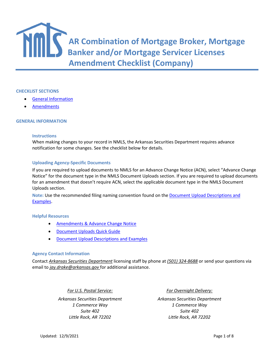 Ar Combination of Mortgage Broker, Mortgage Banker and / or Mortgage Servicer Licenses Amendment Checklist (Company) - Arkansas, Page 1