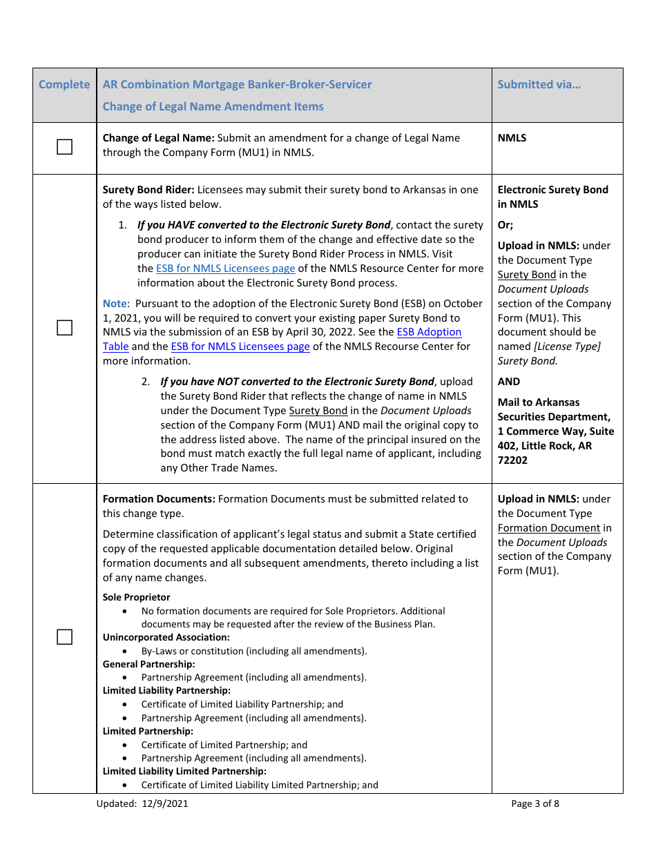 Ar Combination of Mortgage Broker, Mortgage Banker and / or Mortgage Servicer Licenses Amendment Checklist (Company) - Arkansas, Page 3