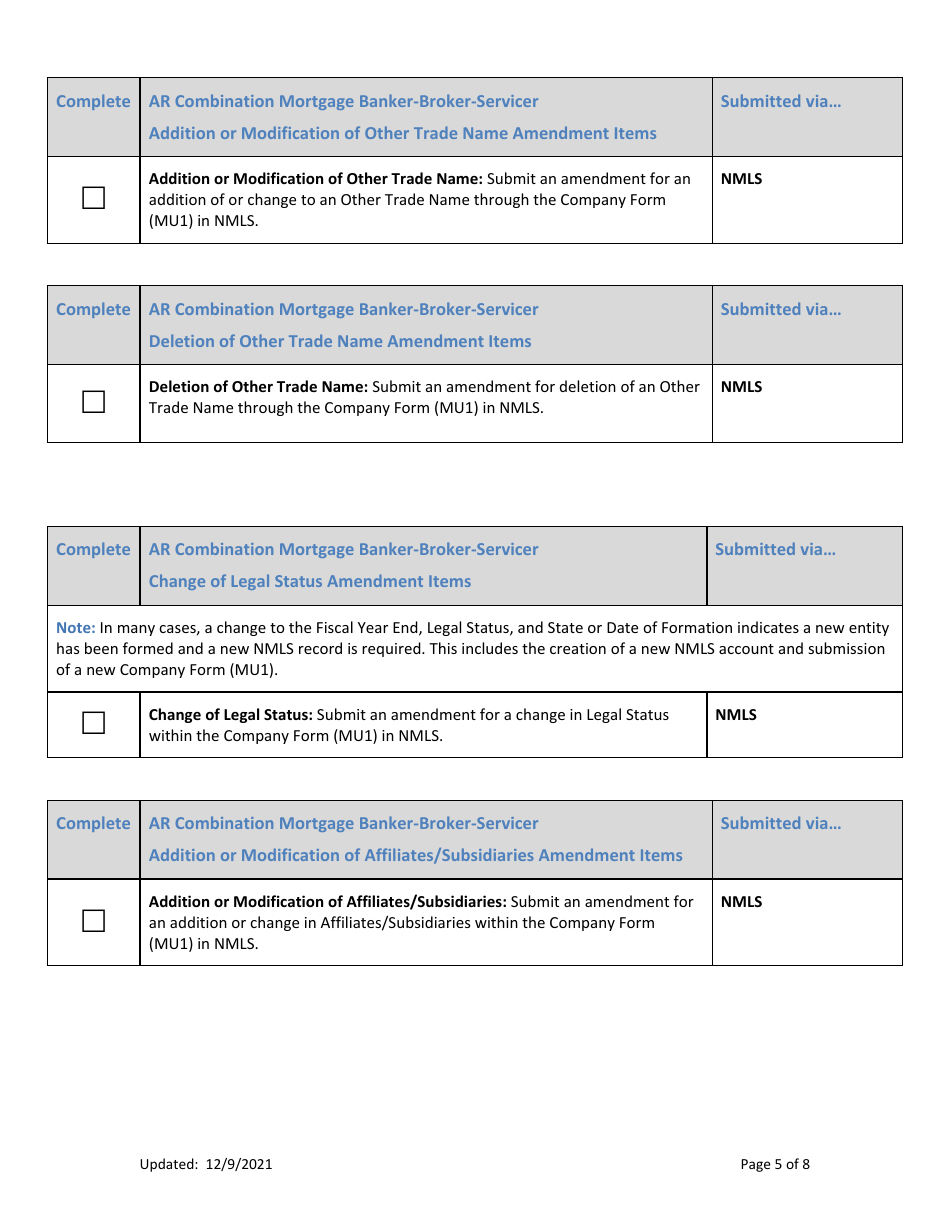 Ar Combination of Mortgage Broker, Mortgage Banker and / or Mortgage Servicer Licenses Amendment Checklist (Company) - Arkansas, Page 5