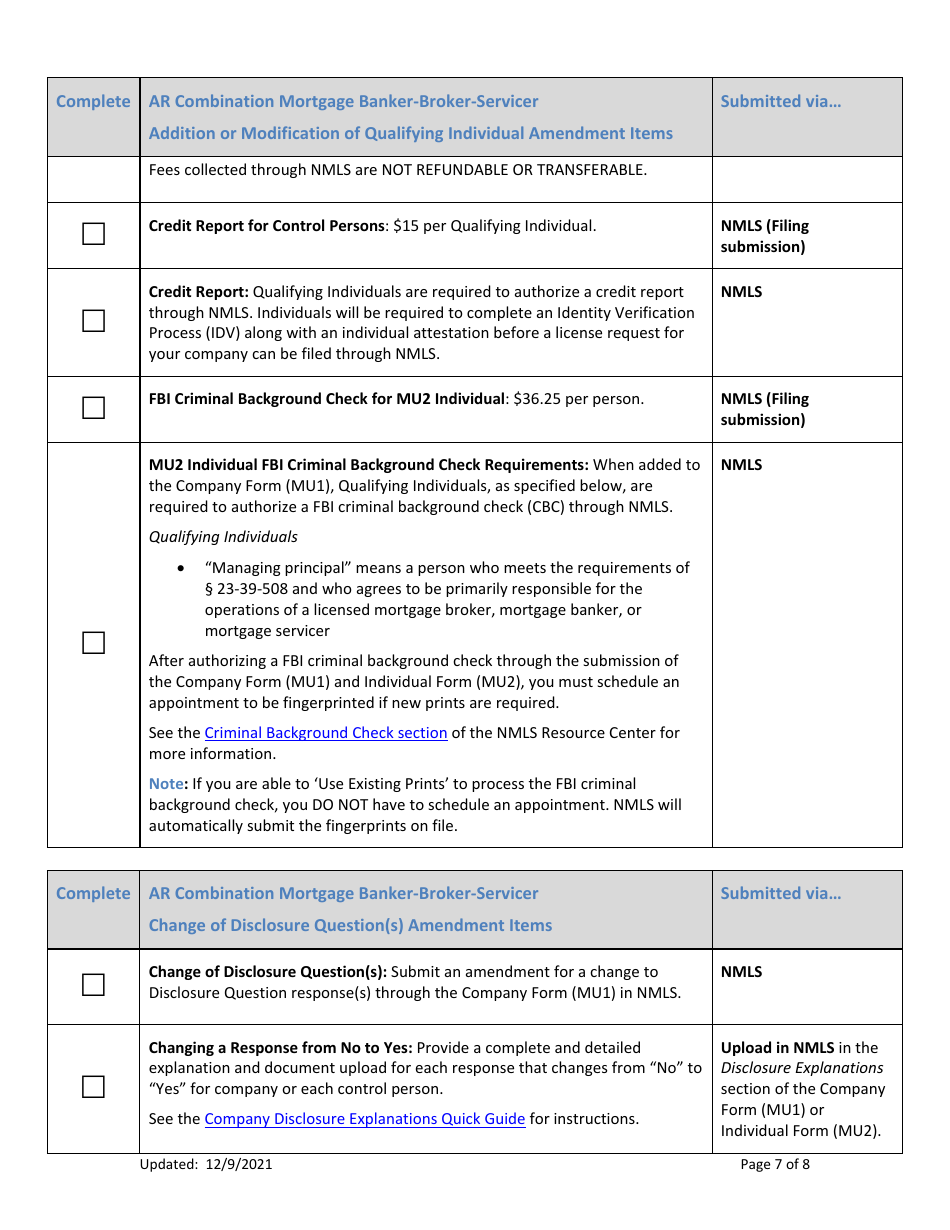 Ar Combination of Mortgage Broker, Mortgage Banker and / or Mortgage Servicer Licenses Amendment Checklist (Company) - Arkansas, Page 7