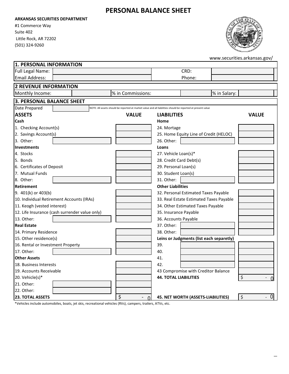 Personal Balance Sheet - Arkansas, Page 1