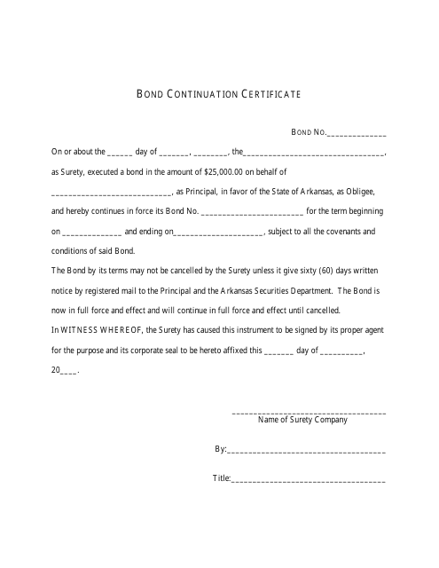 Bond Continuation Certificate - Arkansas Download Pdf