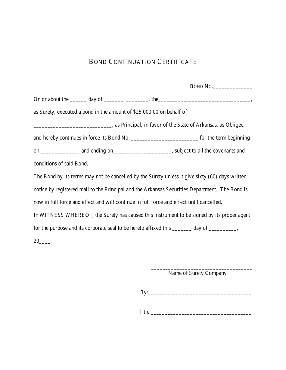 Bond Continuation Certificate - Arkansas, Page 1