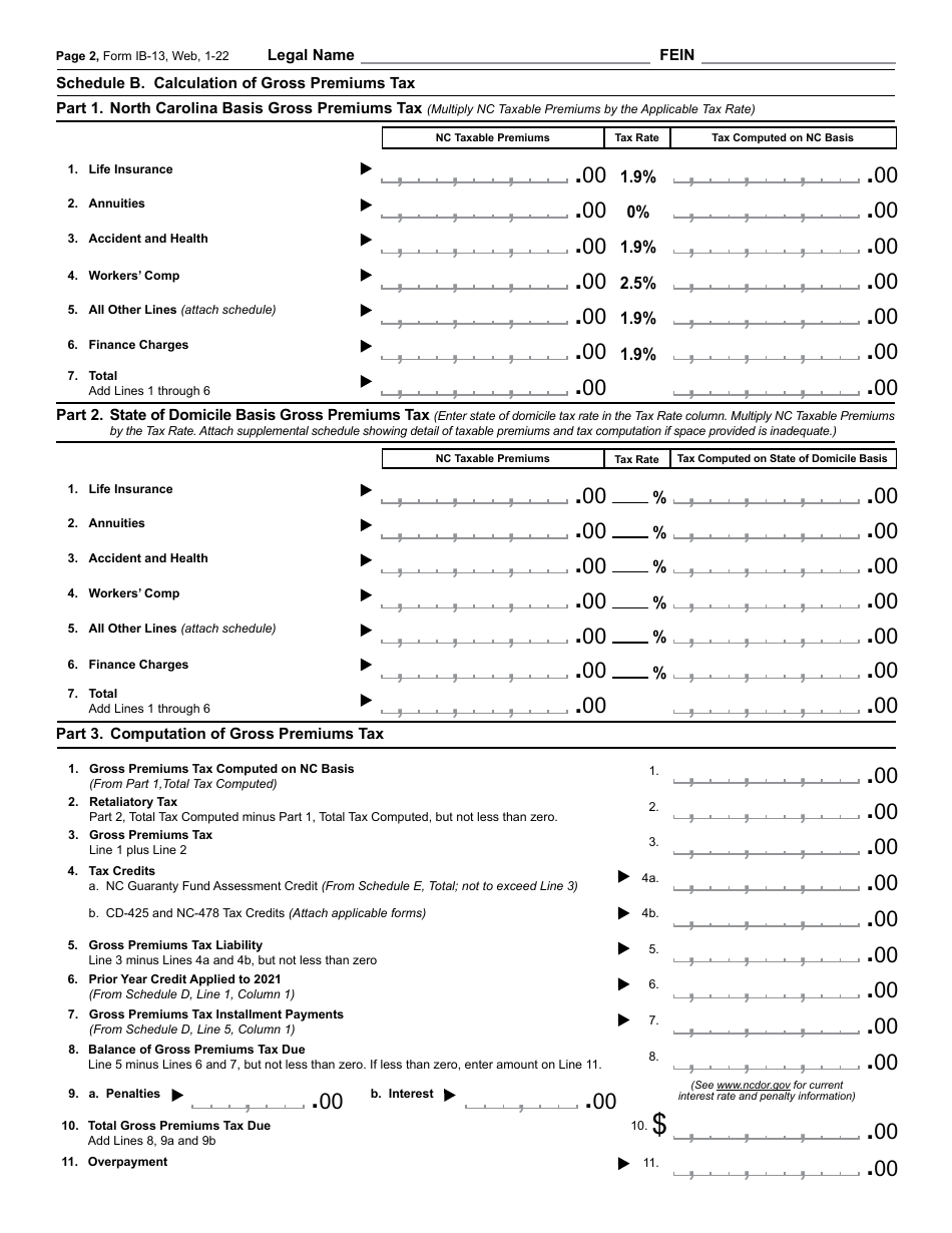 Form IB-13 Gross Premiums Tax Return - Life, Accident, Health and Title Companies - North Carolina, Page 3