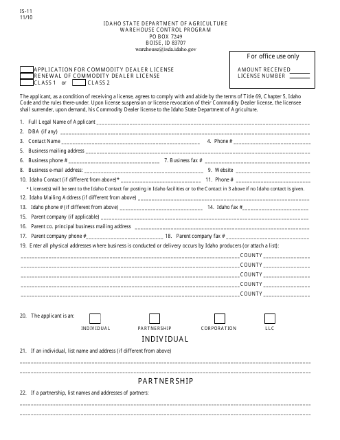 Form IS-11 Application for Commodity Dealer License - Idaho