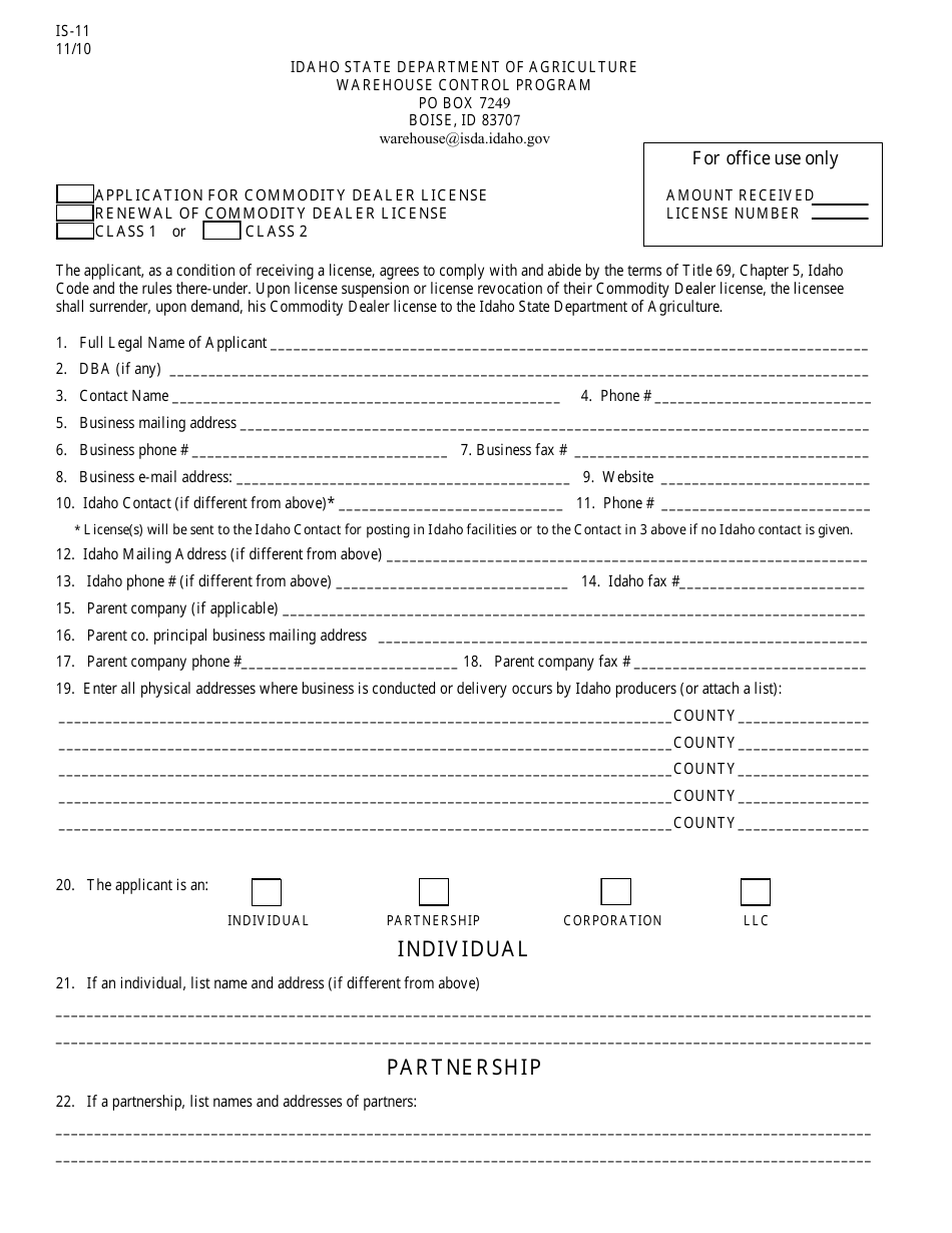 Form IS-11 Application for Commodity Dealer License - Idaho, Page 1