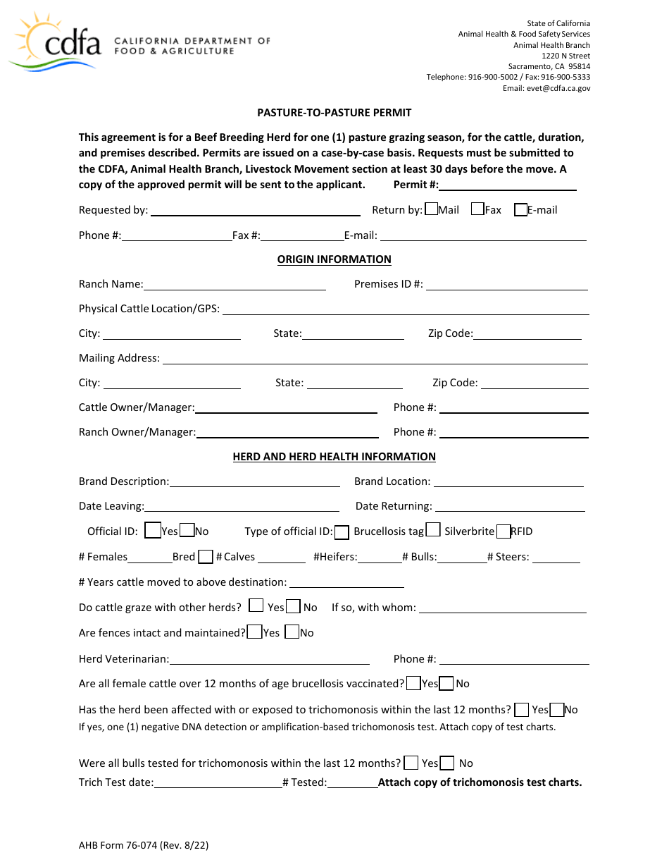 AHB Form 76-074 Pasture-To-Pasture Permit - California, Page 1
