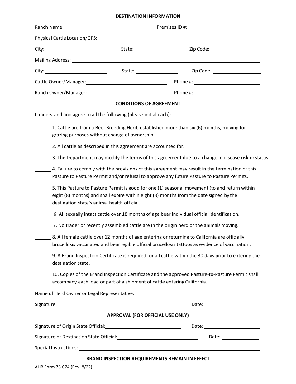 AHB Form 76-074 Pasture-To-Pasture Permit - California, Page 2