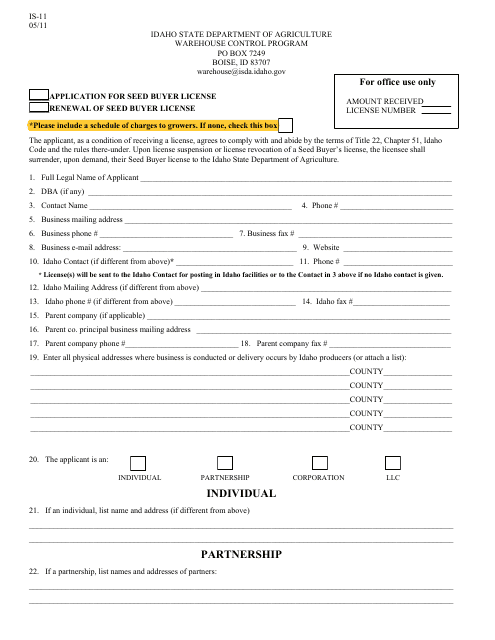 Form IS-11 Application for Seed Buyer License - Idaho