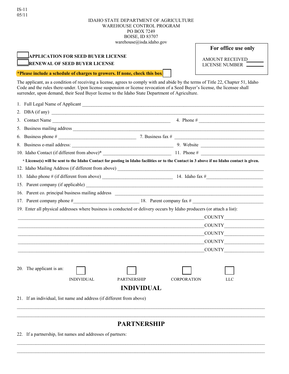 Form IS-11 Application for Seed Buyer License - Idaho, Page 1