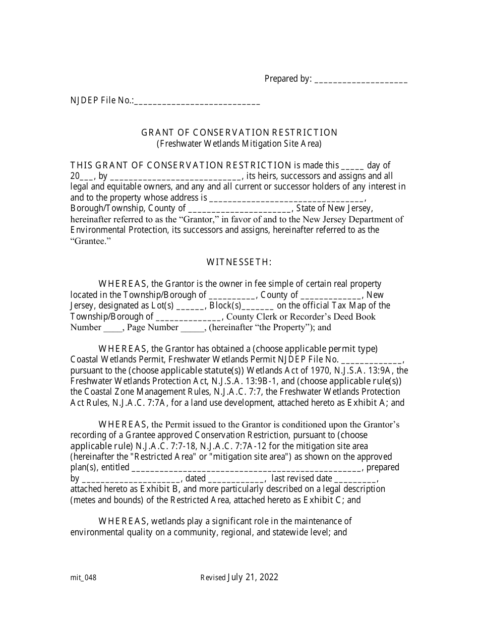 Grant of Conservation Restriction (Freshwater Wetlands Mitigation Site Area) - New Jersey, Page 1