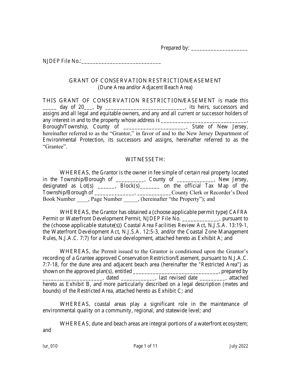 Grant of Conservation Restriction / Easement (Dune Area and / or Adjacent Beach Area) - New Jersey, Page 1