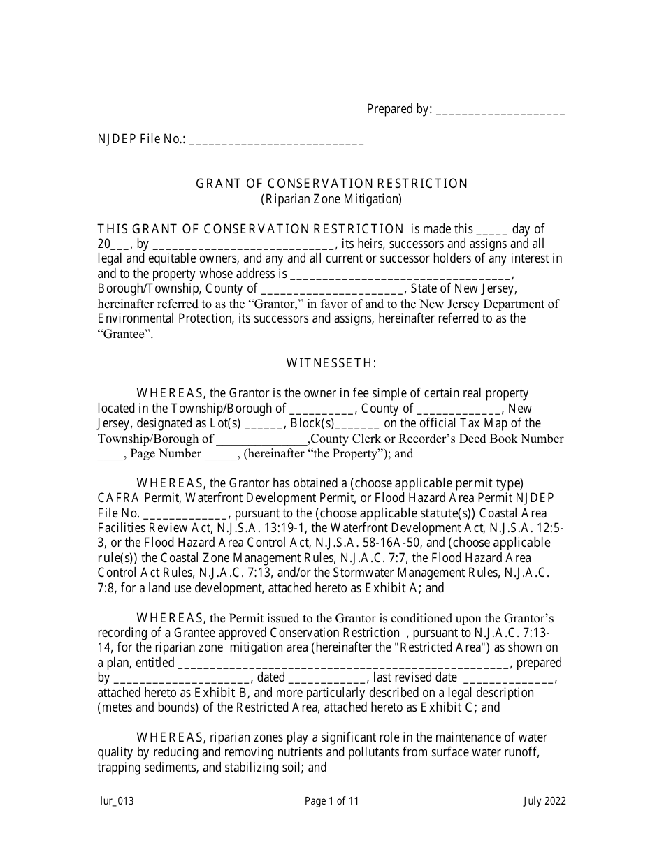 Grant of Conservation Restriction (Riparian Zone Mitigation) - New Jersey, Page 1