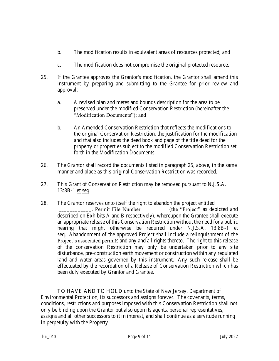 New Jersey Grant of Conservation Restriction (Riparian Zone Mitigation ...