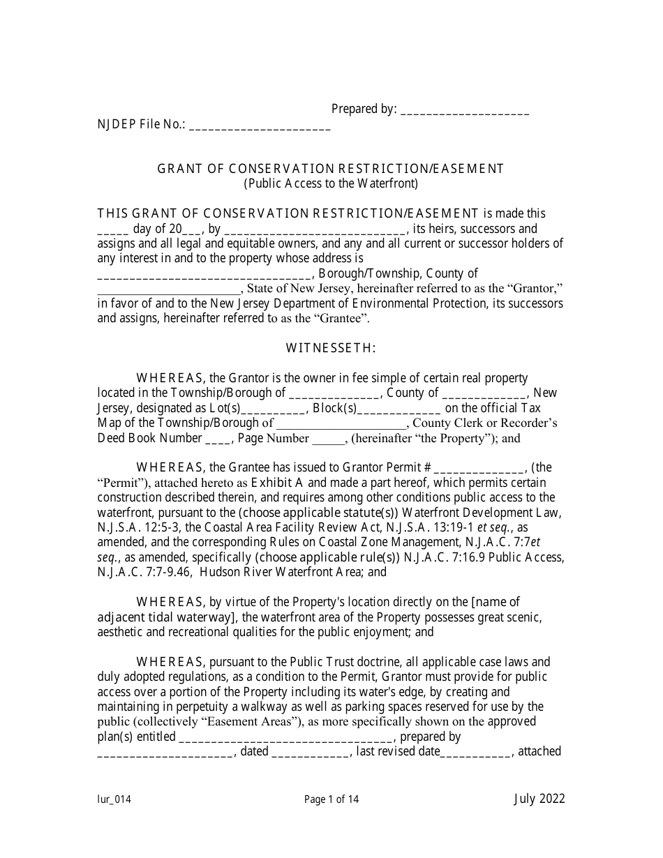 New Jersey Grant of Conservation Restriction/Easement (Public Access to ...