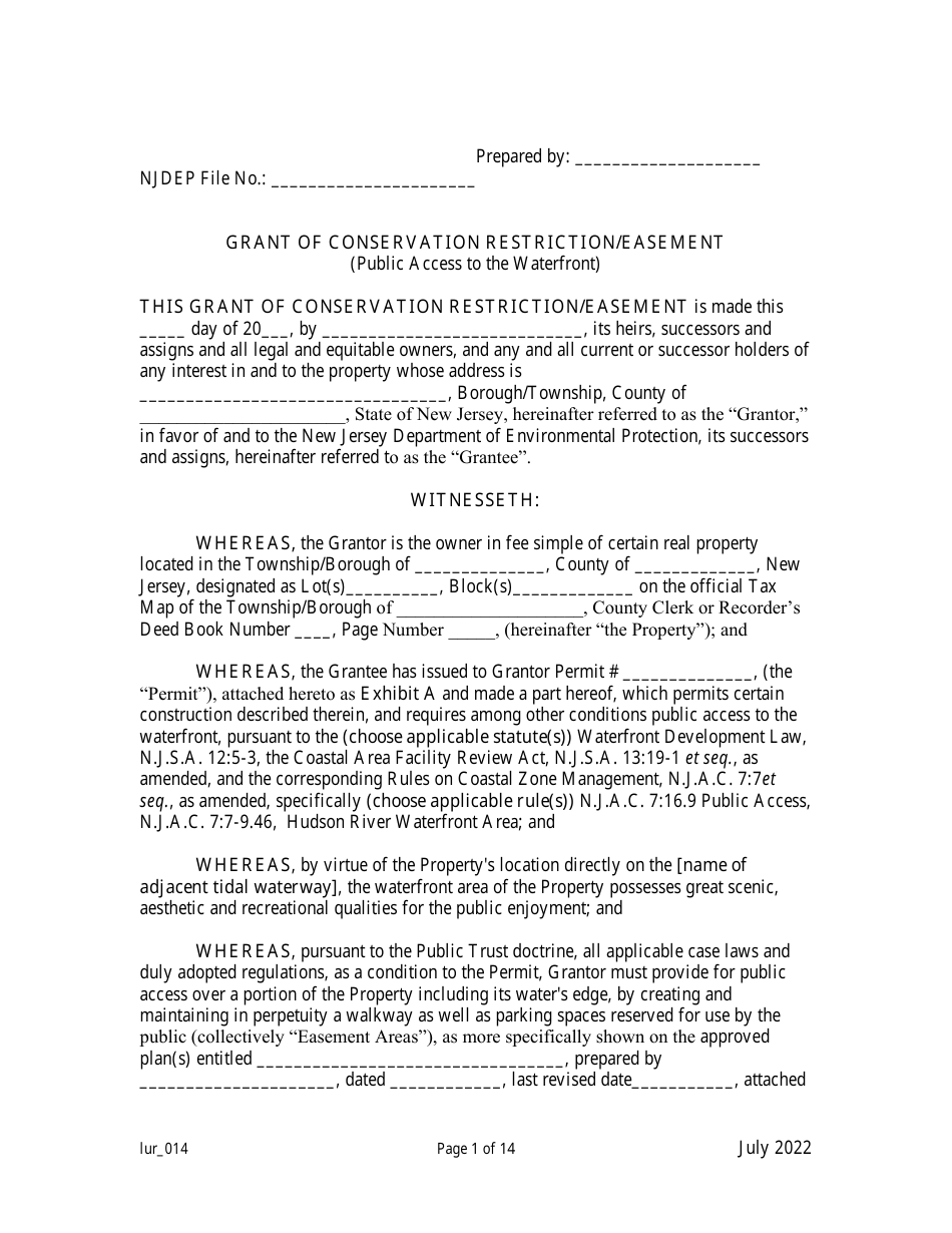 Grant of Conservation Restriction / Easement (Public Access to the Waterfront) - New Jersey, Page 1