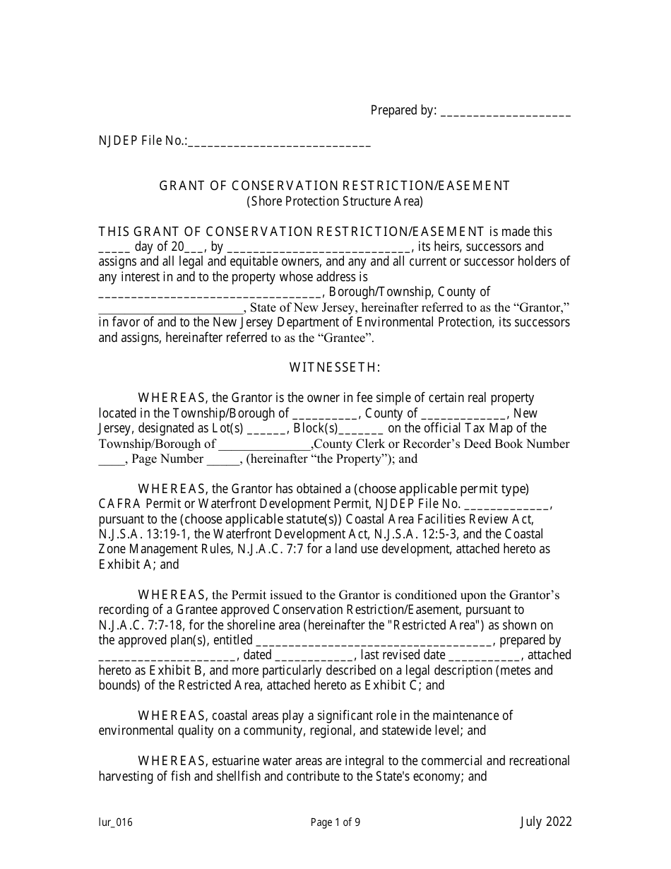 Grant of Conservation Restriction / Easement (Shore Protection Structure Area) - New Jersey, Page 1