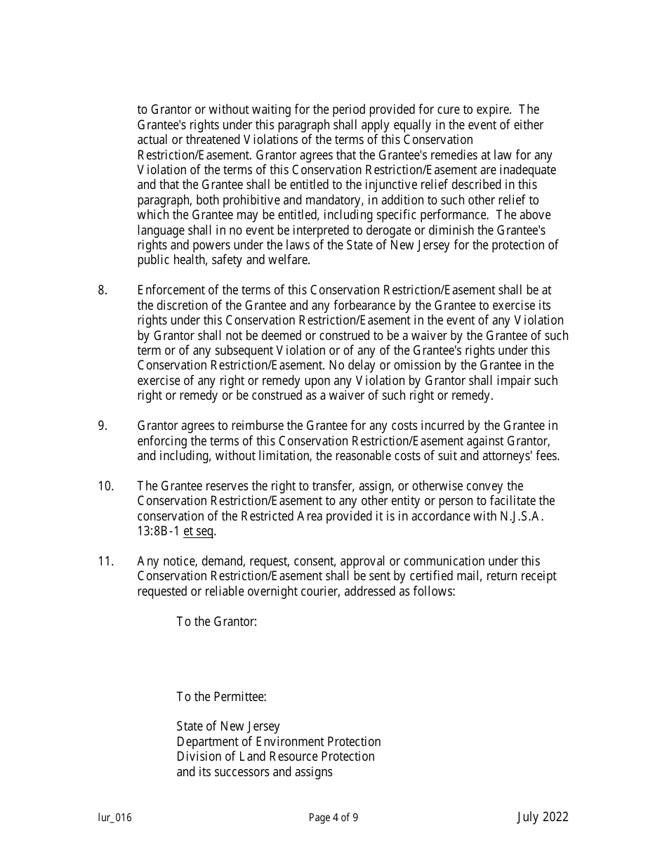 New Jersey Grant of Conservation Restriction/Easement (Shore Protection