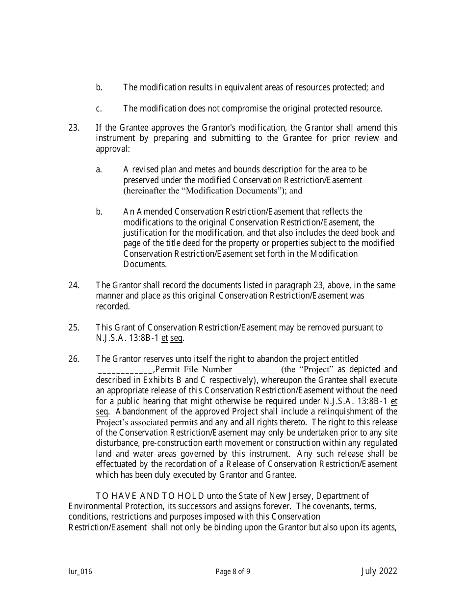 New Jersey Grant of Conservation Restriction/Easement (Shore Protection