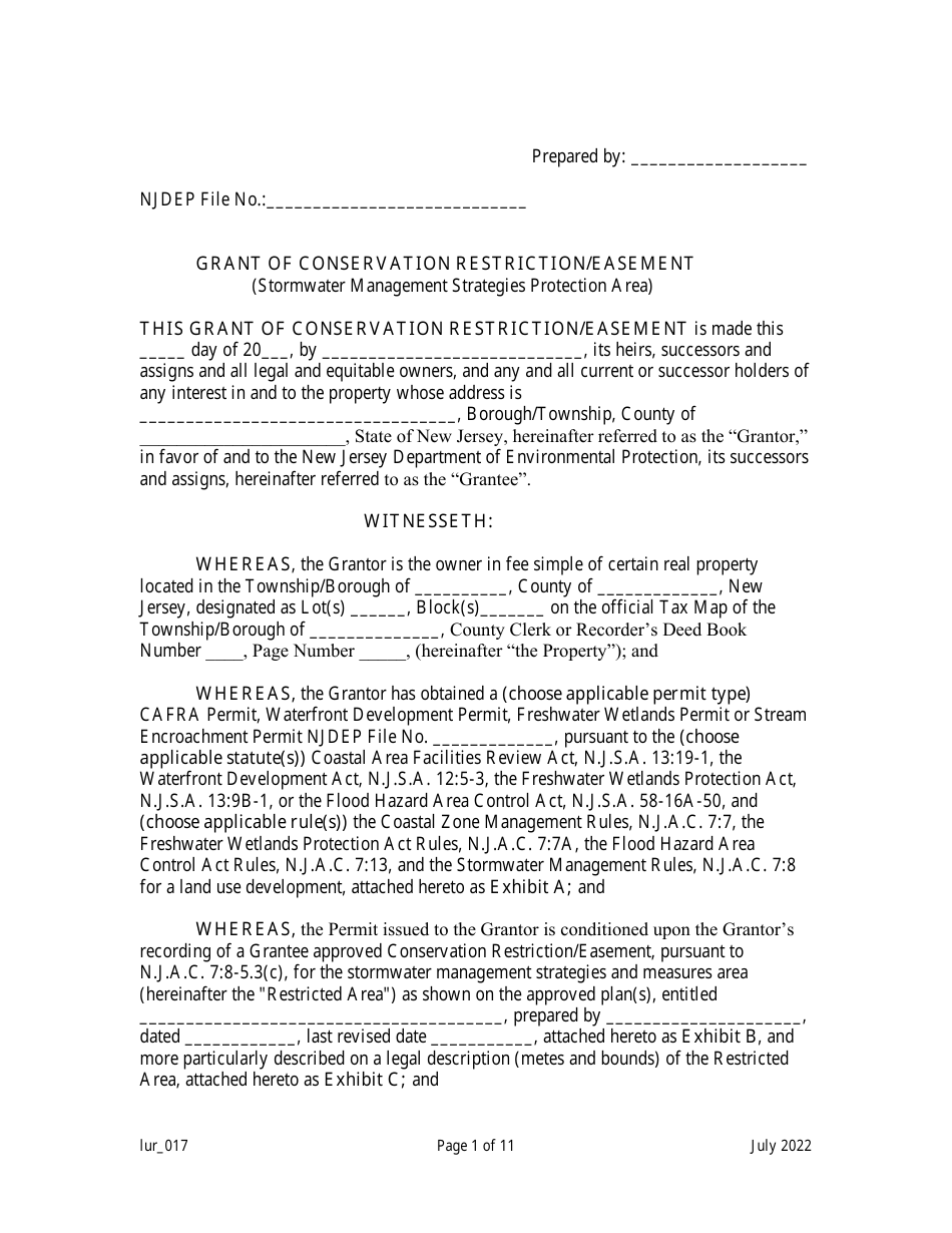 New Jersey Grant of Conservation Restriction/Easement (Stormwater ...