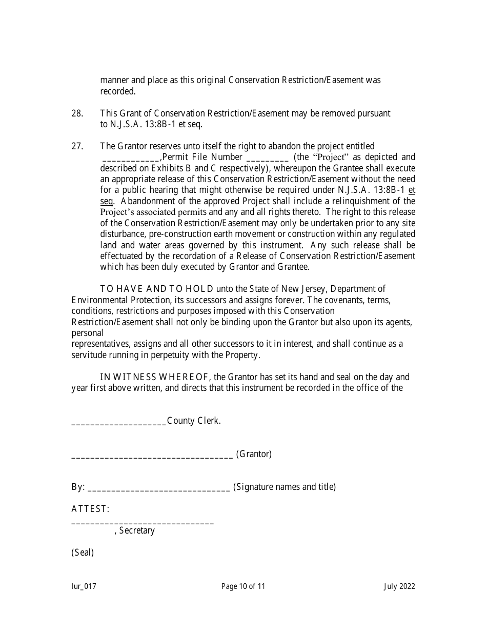 New Jersey Grant of Conservation Restriction/Easement (Stormwater
