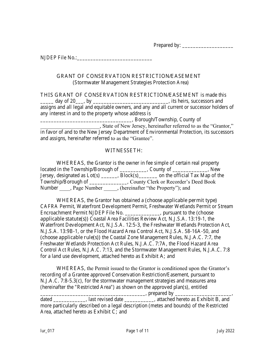 Grant of Conservation Restriction / Easement (Stormwater Management Strategies Protection Area) - New Jersey, Page 1