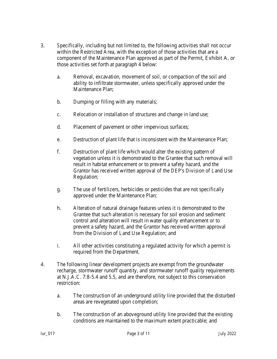 New Jersey Grant of Conservation Restriction/Easement (Stormwater