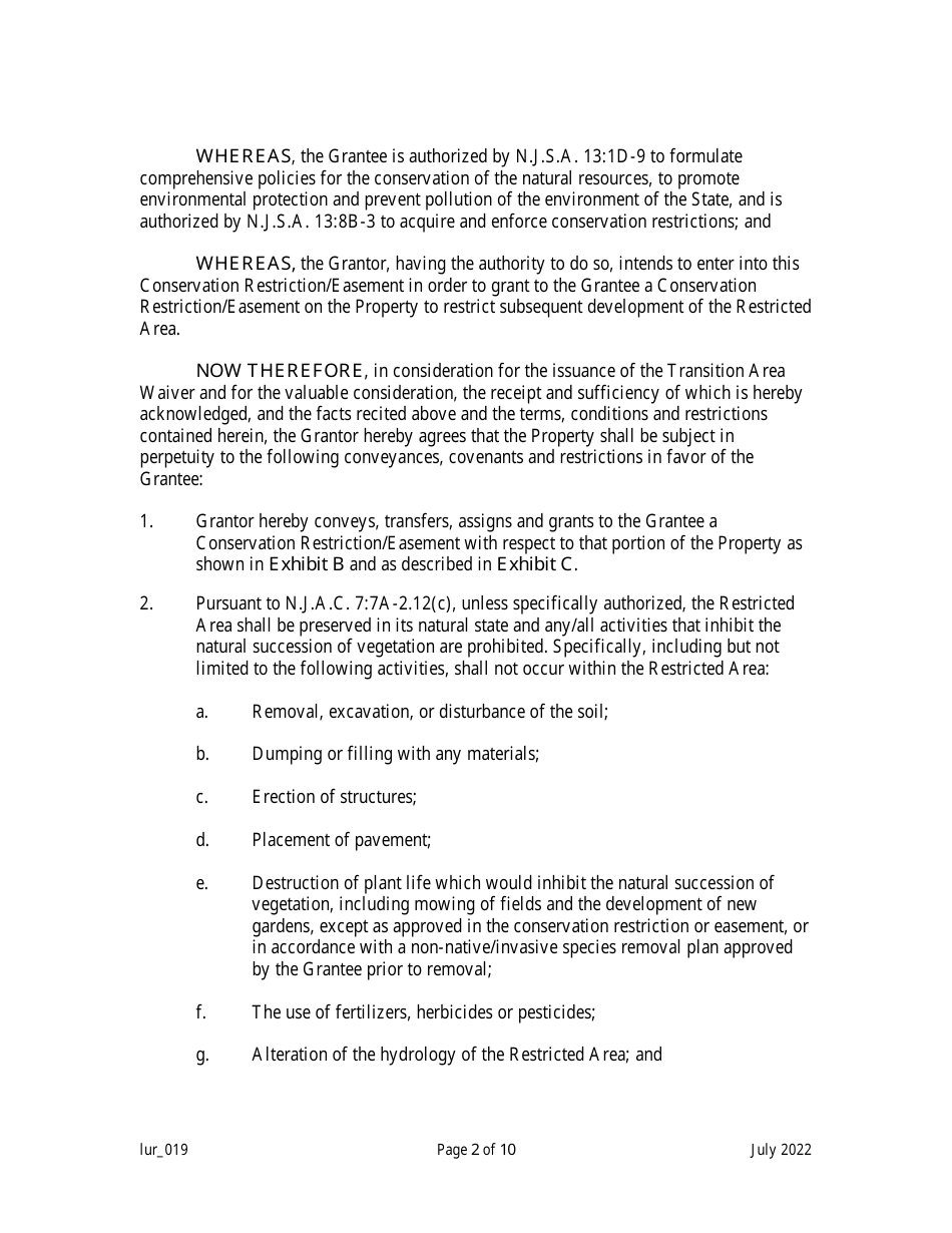 New Jersey Grant of Conservation Restriction/Easement (Transition Area