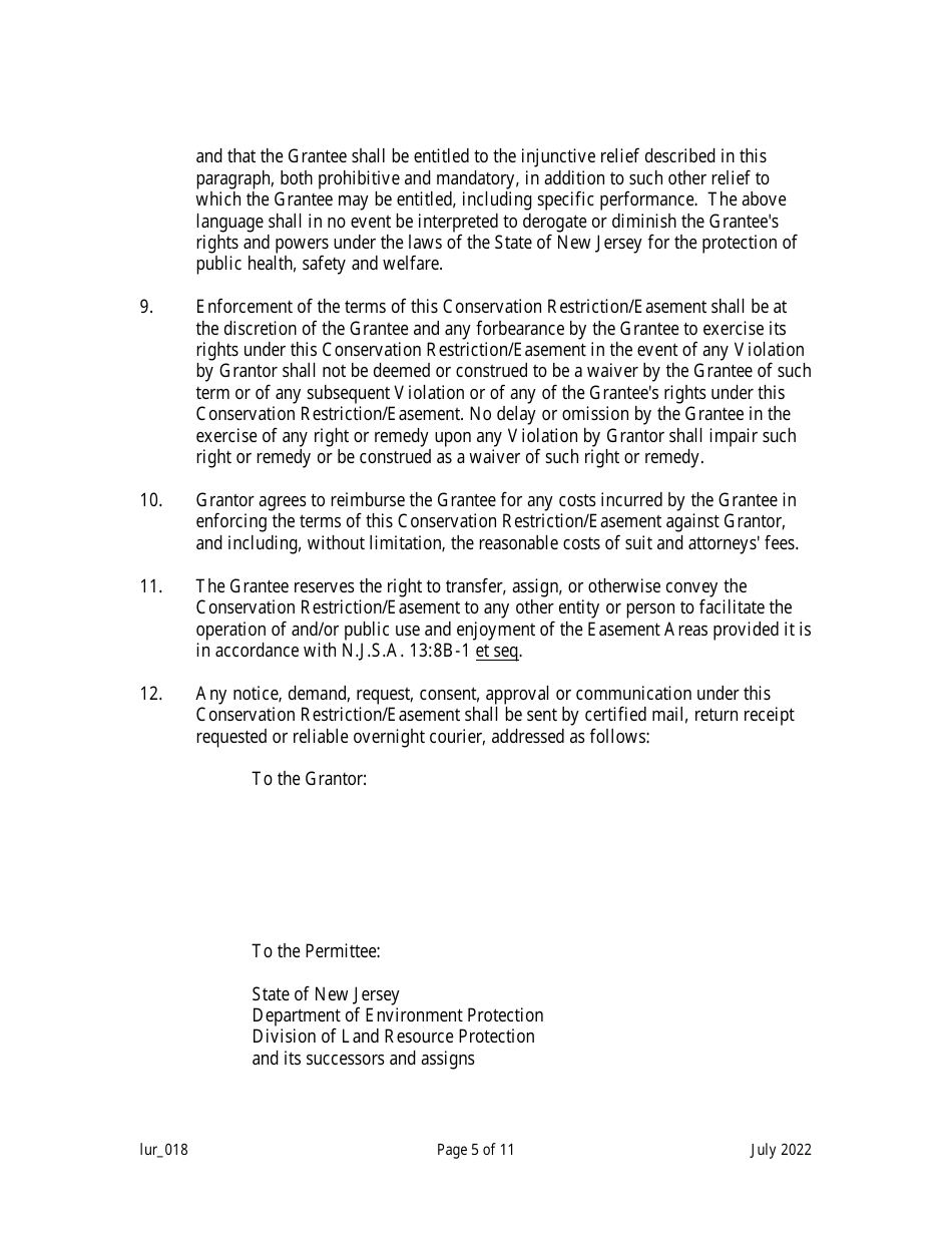 New Jersey Grant of Conservation Restriction/Easement (Special Water