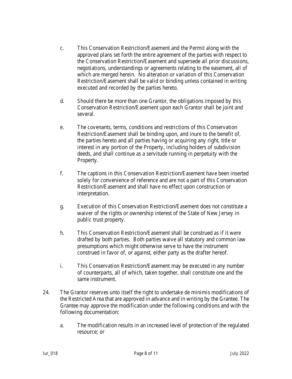 New Jersey Grant of Conservation Restriction/Easement (Special Water