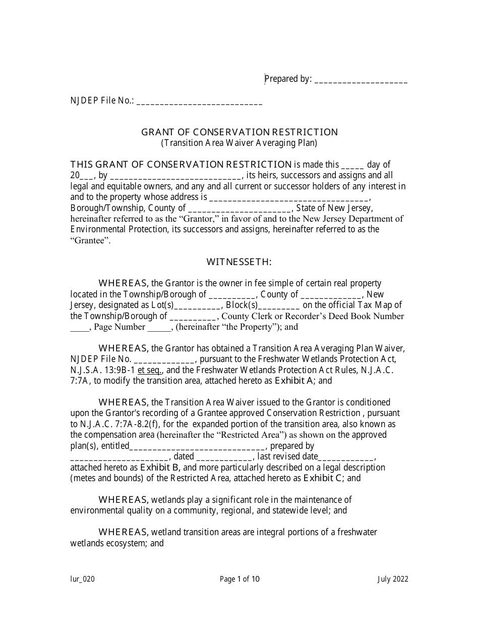 Grant of Conservation Restriction (Transition Area Waiver Averaging Plan) - New Jersey, Page 1