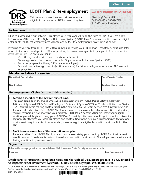 Form DRS L264 Leoff Plan 2 Re-employment - Washington
