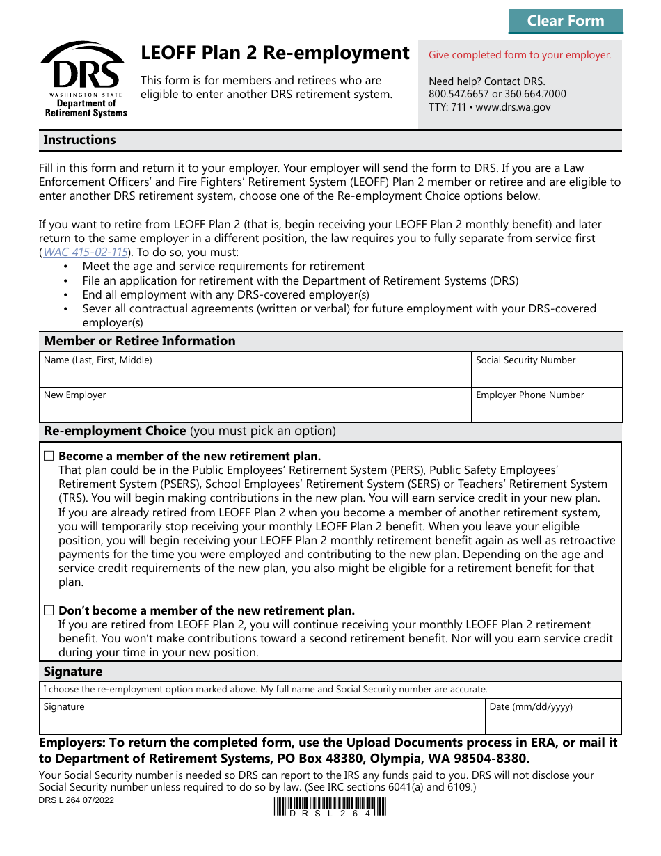 Form DRS L264 Leoff Plan 2 Re-employment - Washington, Page 1