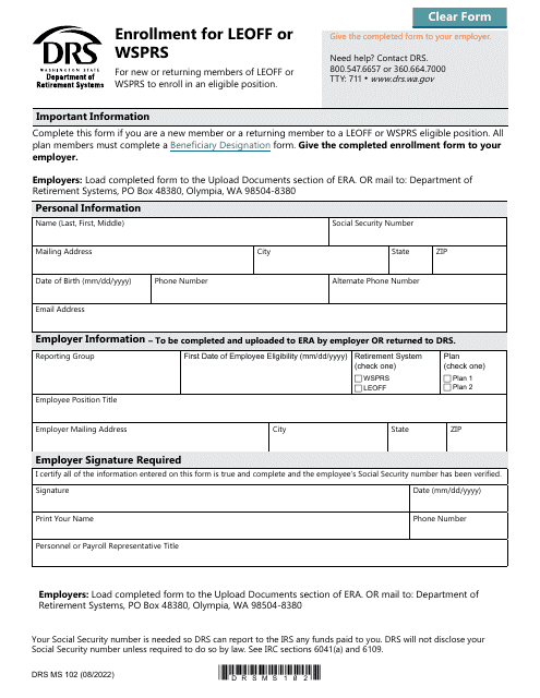 Form DRS MS102 Enrollment for Leoff or Wsprs - Washington