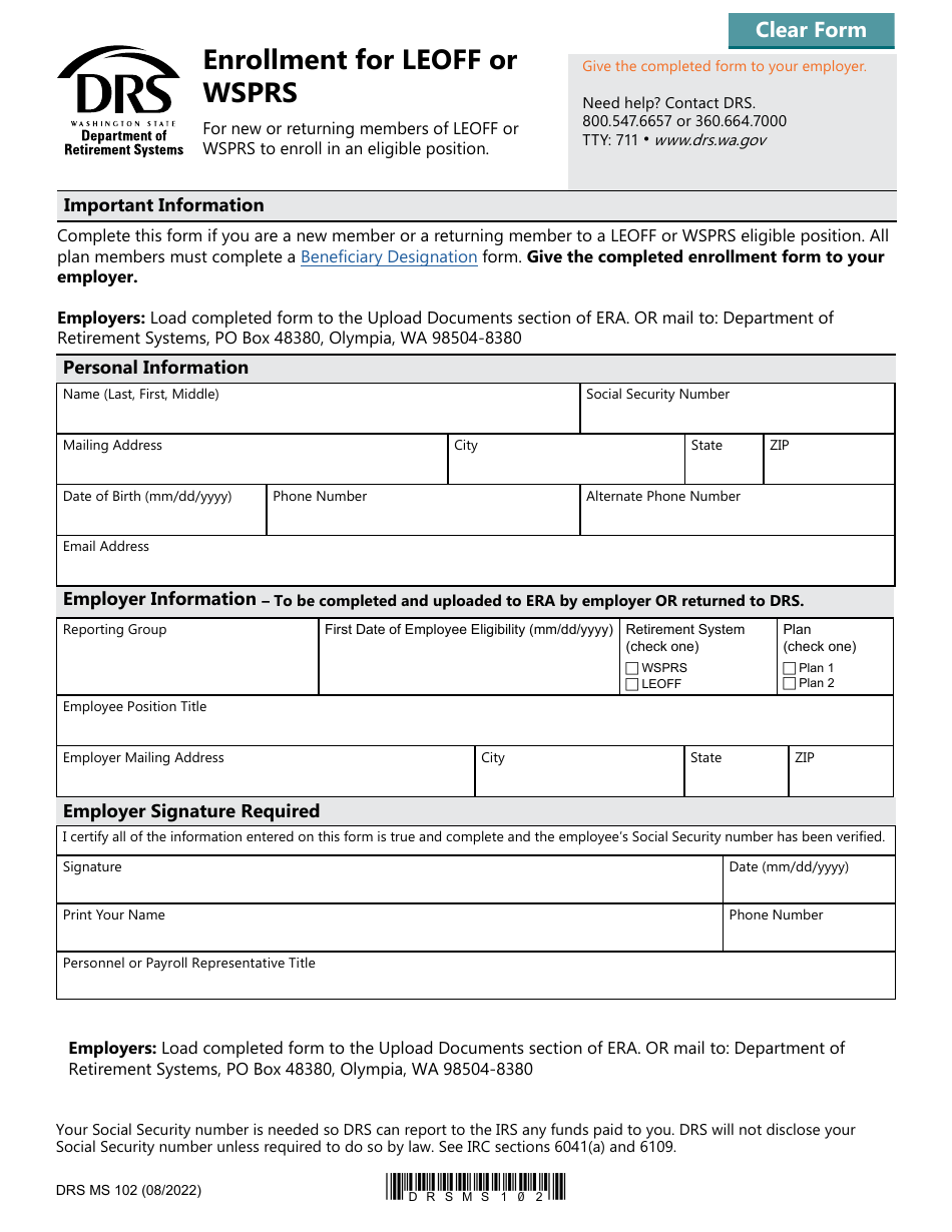 Form DRS MS102 Enrollment for Leoff or Wsprs - Washington, Page 1